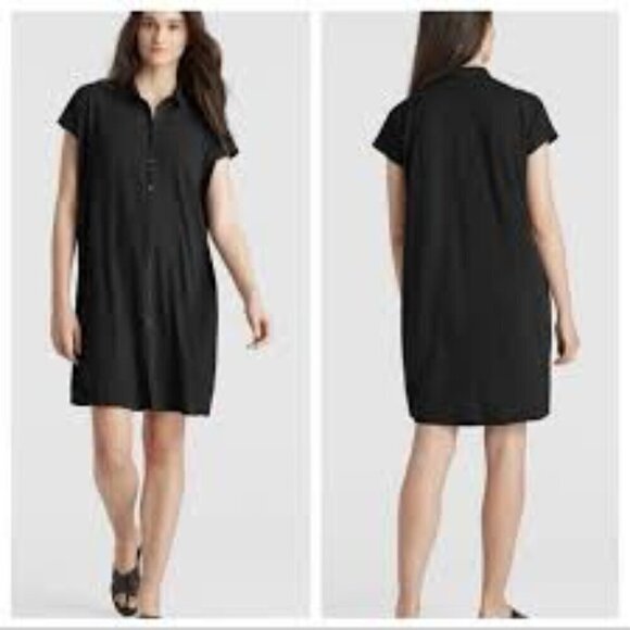 Eileen Fisher Dresses & Skirts - Eileen Fisher Shirt Dress Button Front Polo Collar Short Sleeves Black Knit M